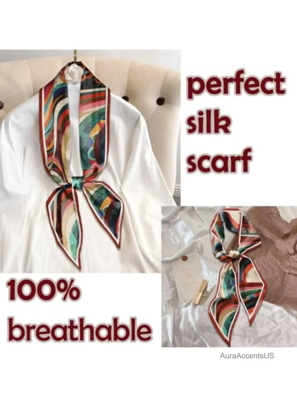 Silk Feeling Satin Neck Scarf Long 59x6.7 in Handbag Decoration Hair Head Scarf